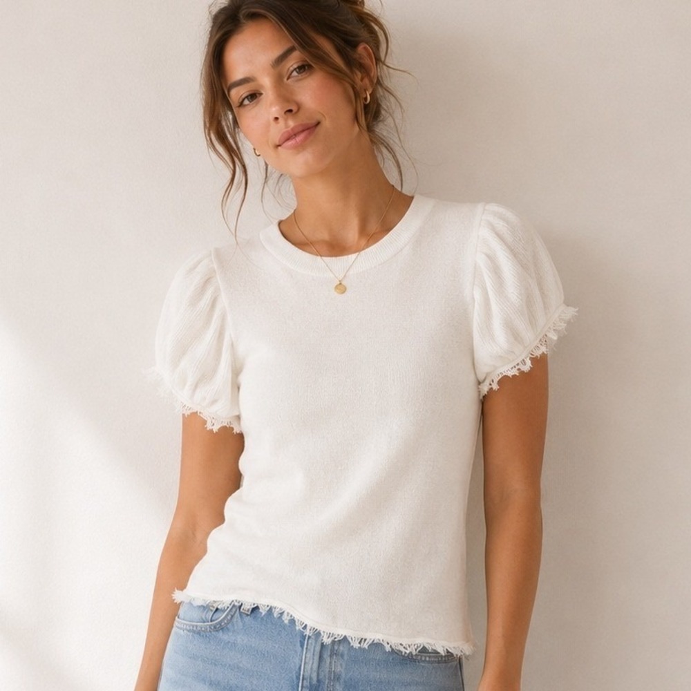 THML Women White Puff Sleeve Fringe Trim Cotton Knit Sweater Top Large